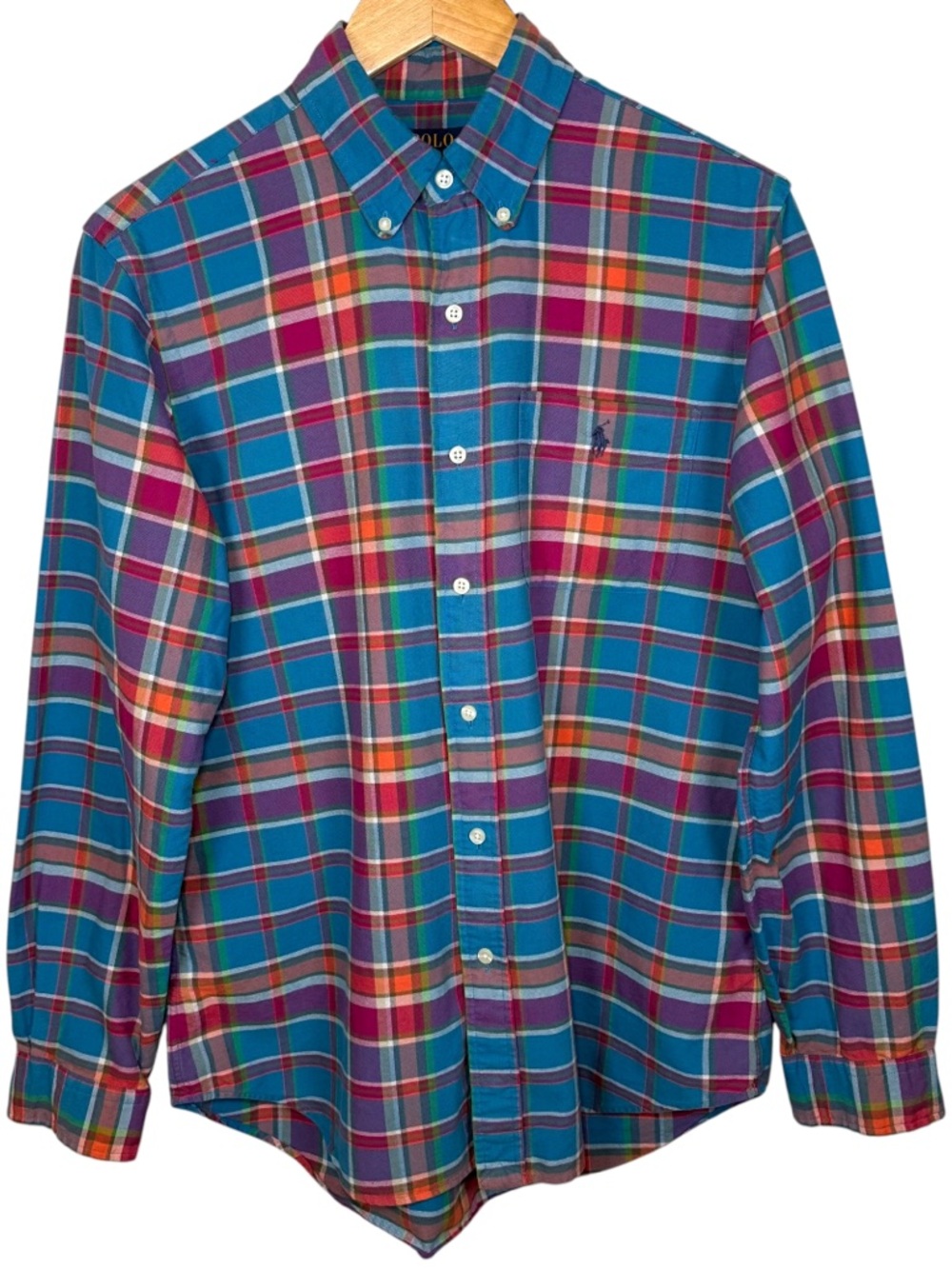 Polo Ralph Lauren Madras Plaid Shirt Mens M Blue Pink Classic Fit Button Down